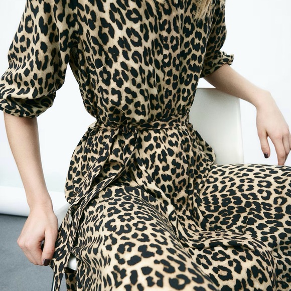 H&M Leopard Brown and Black Long Sleeve Tie Belt Shirt Dress - Picture 3 of 4